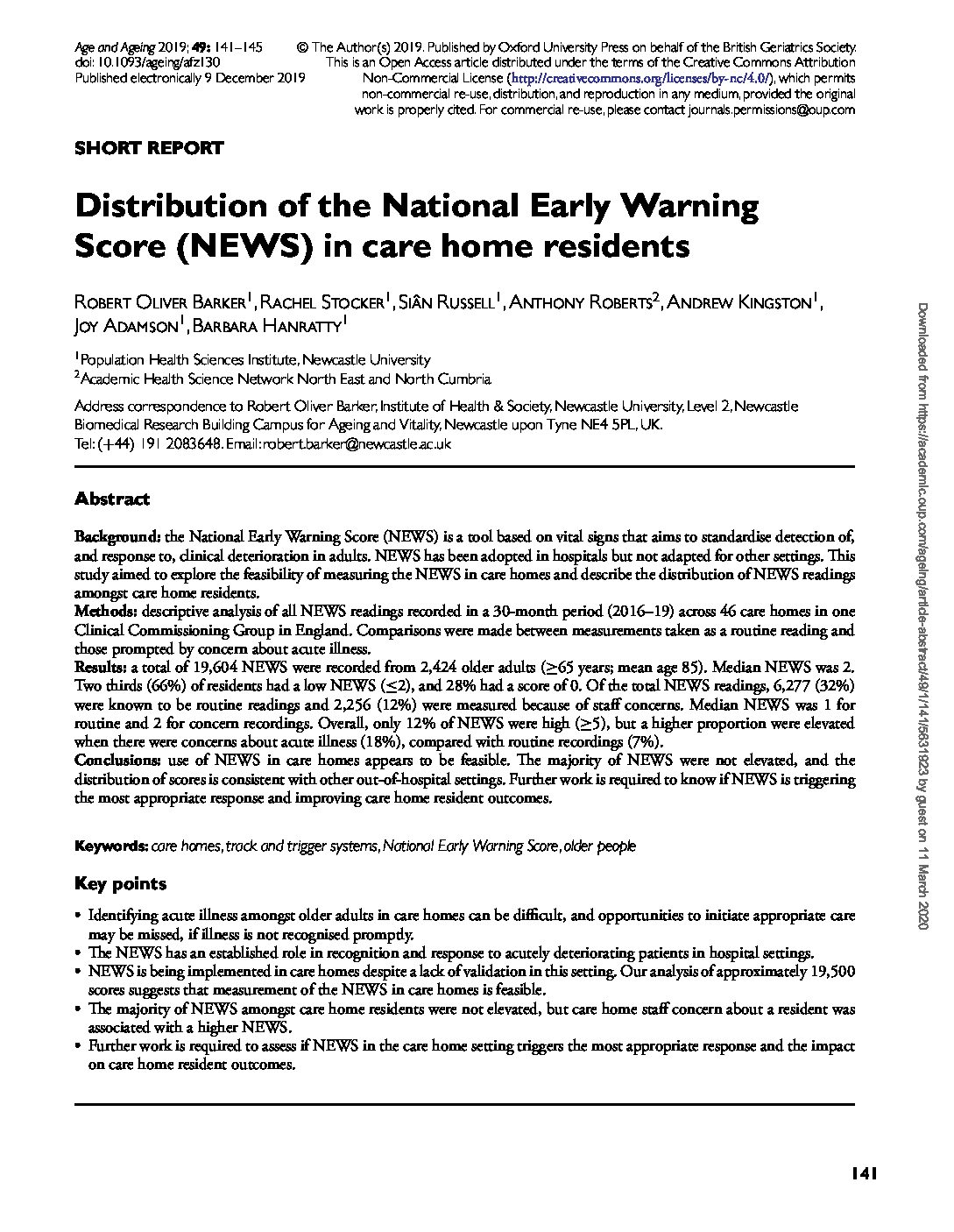 Distribution of the National Early Warning Scores (NEWS) in care home residents