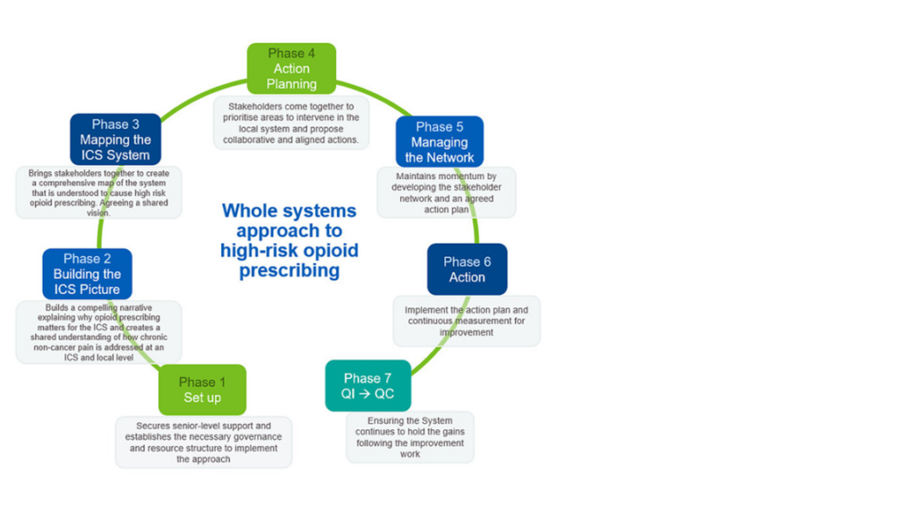 Whole systems approach to high-risk opioid prescribing is made up of 7 phases. Phase 1 Set up: Secures senior-level support and establishes the necessary governance and resource to implement the approach. Phase 2 Building the ICS Picture: Builds a compelling narrative explaining why opioid prescribing matters for the ICS and creates a shared understanding of how chronic non-cancer pain is addressed at an ICS level and local level. Phase 3 Mapping the ICS System: Brings stakeholders together to create a comprehensive map of the system that is understood to cause high risk opioid prescribing. Agreeing a shared vision. Phase 4 Action Planning: Stakeholders come to together to prioritise to intervene in the local system and propose collaborative and aligned actions. Phase 5 Managing the Network: Maintains momentum by developing the stakeholder network and an agreed action plan. Phase 6 Action: Implement the action plan and continuous measurement for improvement. Phase 7 QI to QC: Ensuring the System continues to hold the gains following the improvement work. 
